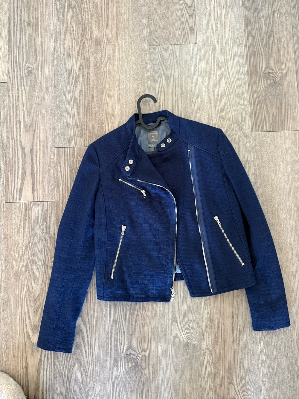 GAP Navy Blue Women's Moto Jacket with Silver Hardware
